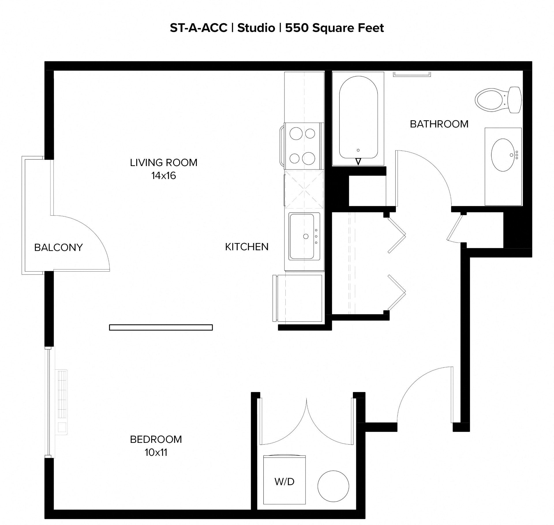Floor plan for 1 bed, 1 bath, 550 sqft